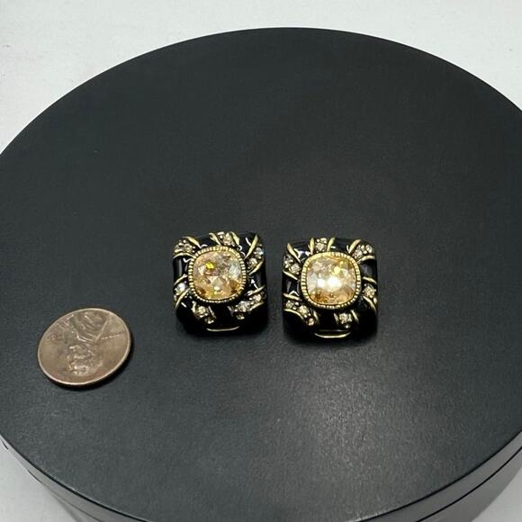 Heidi Daus Vintage Black Enamel Sparkling Yellow Crystal Center Clip On Earrings - Picture 7 of 9
